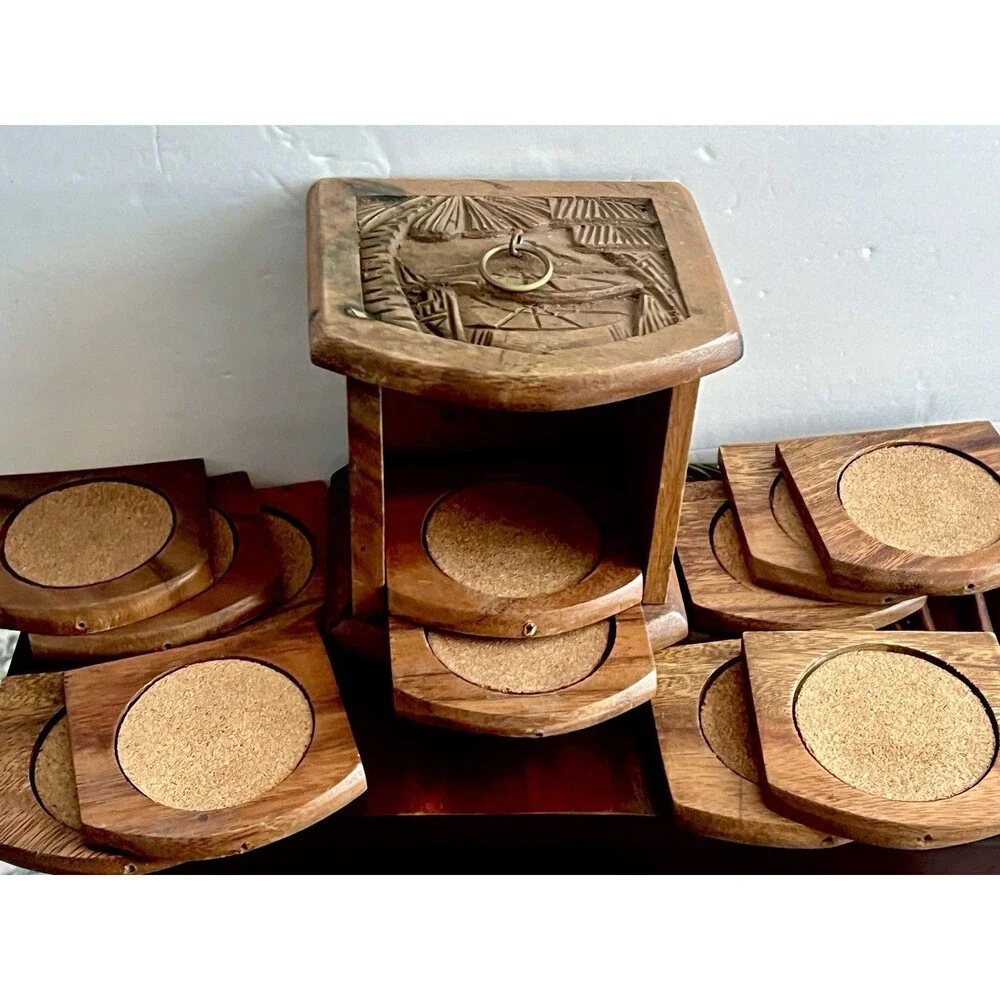 Vintage Hand Carved Wood Coaster Set w/ Holder – Set of 12 Cork Coasters Boho
